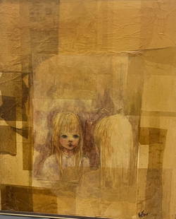 Lynne Hefner (American, B. 1939 - ), Portrait Of A Young Girl, 20th Century: mixed media and pencil on canvas, signed at lower right: Heffner, H: 37 1/3 x w: 31 1/2 inches (framed)