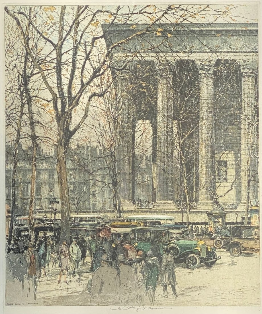 Luigi Kasimir ( Austro-Hungarian, 1881 - 1962), Paris Boul, De La Madeleine: Color etching Signed with estate signature at bottom titled in plate lower left H: 31 1/2 x w; 28 1/4 inches (framed) H: 11 1/4 x w: 15 inches (plate)