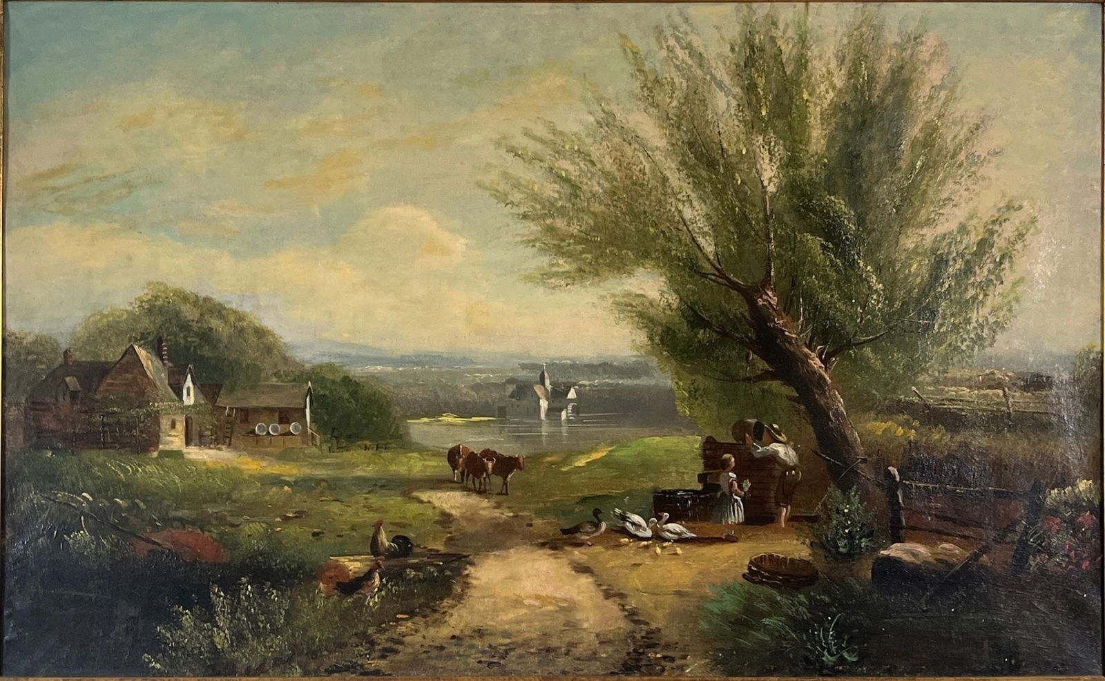 American School, After Albert Fitch Bellows (American 1829-1883), View Of A Farm In A Landscape,: oil on canvas, H: 29 1/2 x w: 43 1/4 inches (framed), H: 36 x w: 22 1/2 inches (stretcher) CONDITION: Three old repairs in the sky, scattered inpainting in the foreground