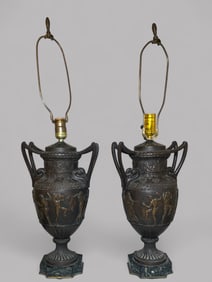 Pair Of Neoclassical Style Bronze Two Handled Urn Form Lamps On Marble Bases, Now As A