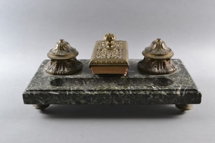 Vintage Empire Style Double Inkwell Mounted On Marble Base With Associated Blotter