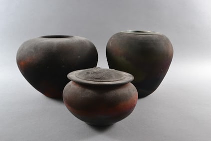 Leslie Mitchell And Hall Carlson, Raku Clay Vase Studio Art Pottery Pots, Circa 1983