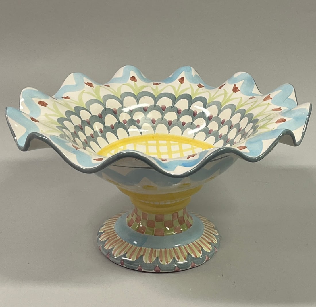 Mackenzie Childs King Ferry Footed Compote Bowl: H: 6 1/2 x w: 12 3/4 x d: 12 3/4 inchesCONDITION: excellent