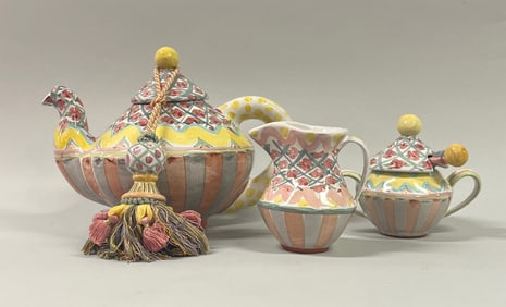 Mackenzie Childs Rose Cottage Teapot With Creamer And Sugar Bowl