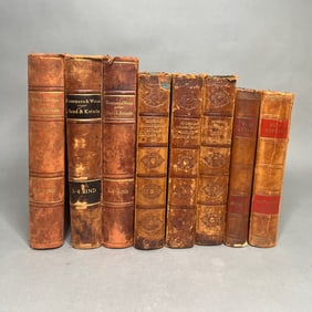 Collection Of Eight Brown Leather-Bound Books In The Danish Language