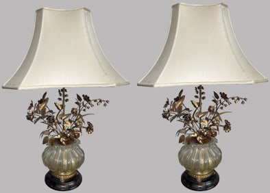 Pair Of French Floral Lamps With Marble Base