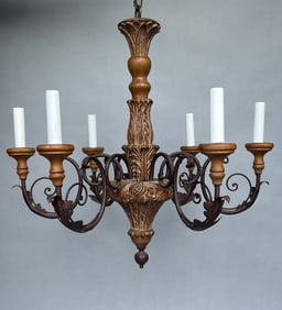 Six Arm Italian Wood Carved Chandelier