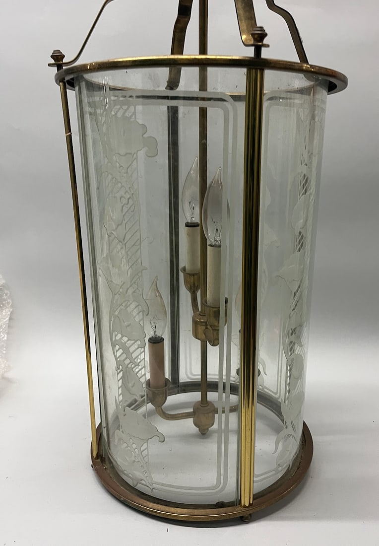 Brass Four Light Pendant With Clear And Frosted Glass: h: 26 x dia: 12 inches