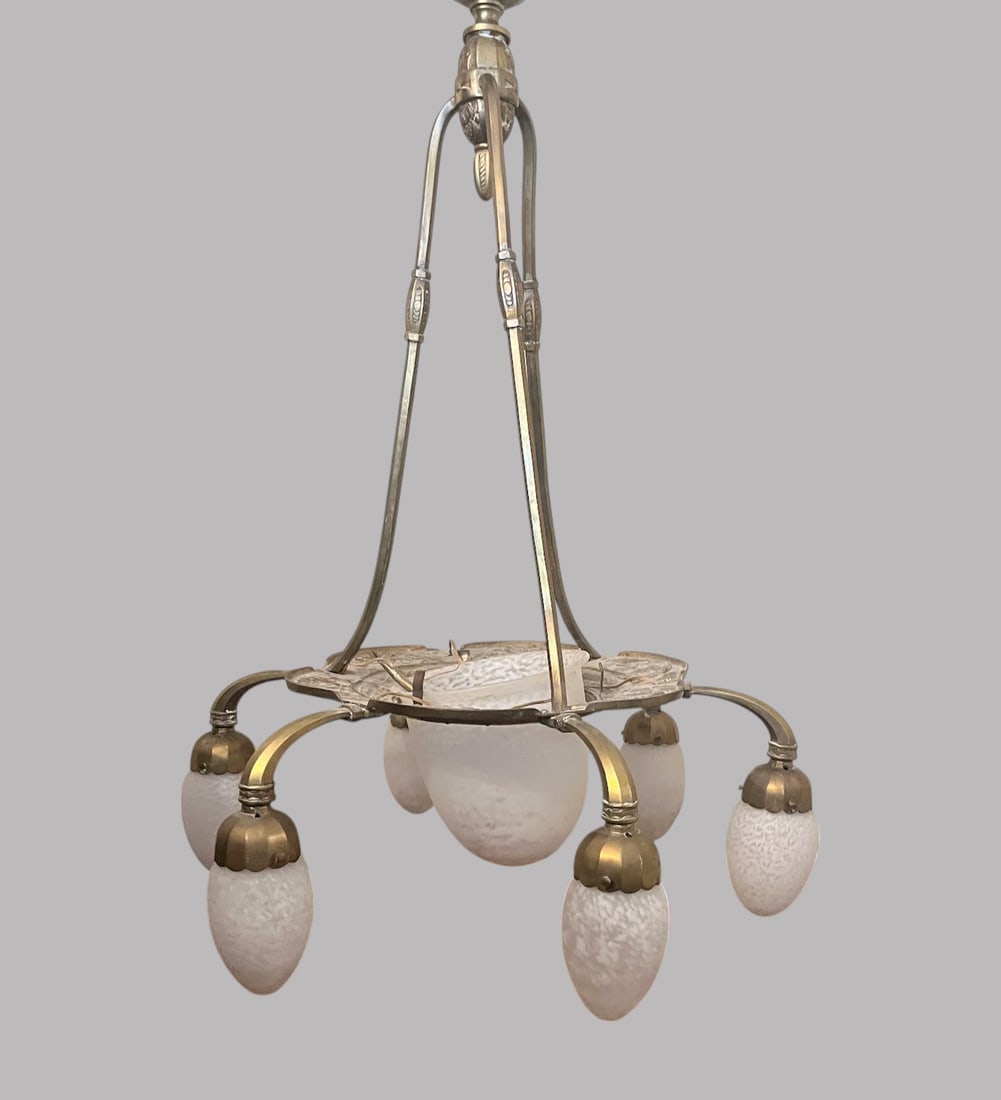 Six Light Art Nouveau Style Cast Brass Chandelier, First Half 20th Century: With frosted mottled white glass globes for each light and larger central globe H: 32 x dia: 25 inches (without globes) h: 41 inches (with central globe)