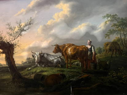Attributed To Adrian Van De Velde (Dutch 1636-1672,) Landscape With Cows And A Maiden, 17th Century: oil on board H: 23 x w: 26 3/4 inches (framed) H: 15 1/8 x w: 19 inches (stretcher)CONDITION: One area of paint loss at bottom center small scattered light in panting in foreground and upper left sky