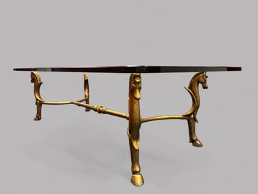 Continental Mid Century Horse Motif Brass Base, Glass Top Coffee Table