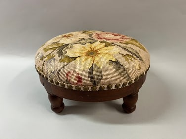 Round Footstool With Needlepoint Upholstery