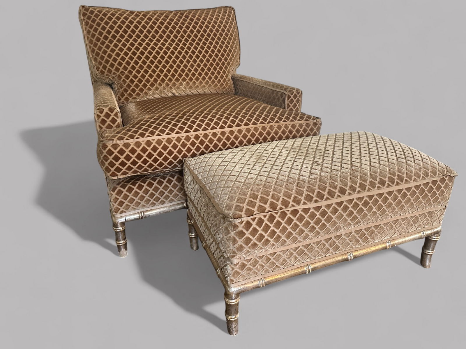 Nancy Corzine Louis XVI Style Upholstered Armchair With Matching Ottoman: Armchair: H: 34 x w: 35 x d: 33 1/2 inches seat height: 18 inchesOttoman: H: 16 x w: 31 x d: 17 inches seat height: 15 1/2 inchesCONDITION: very good