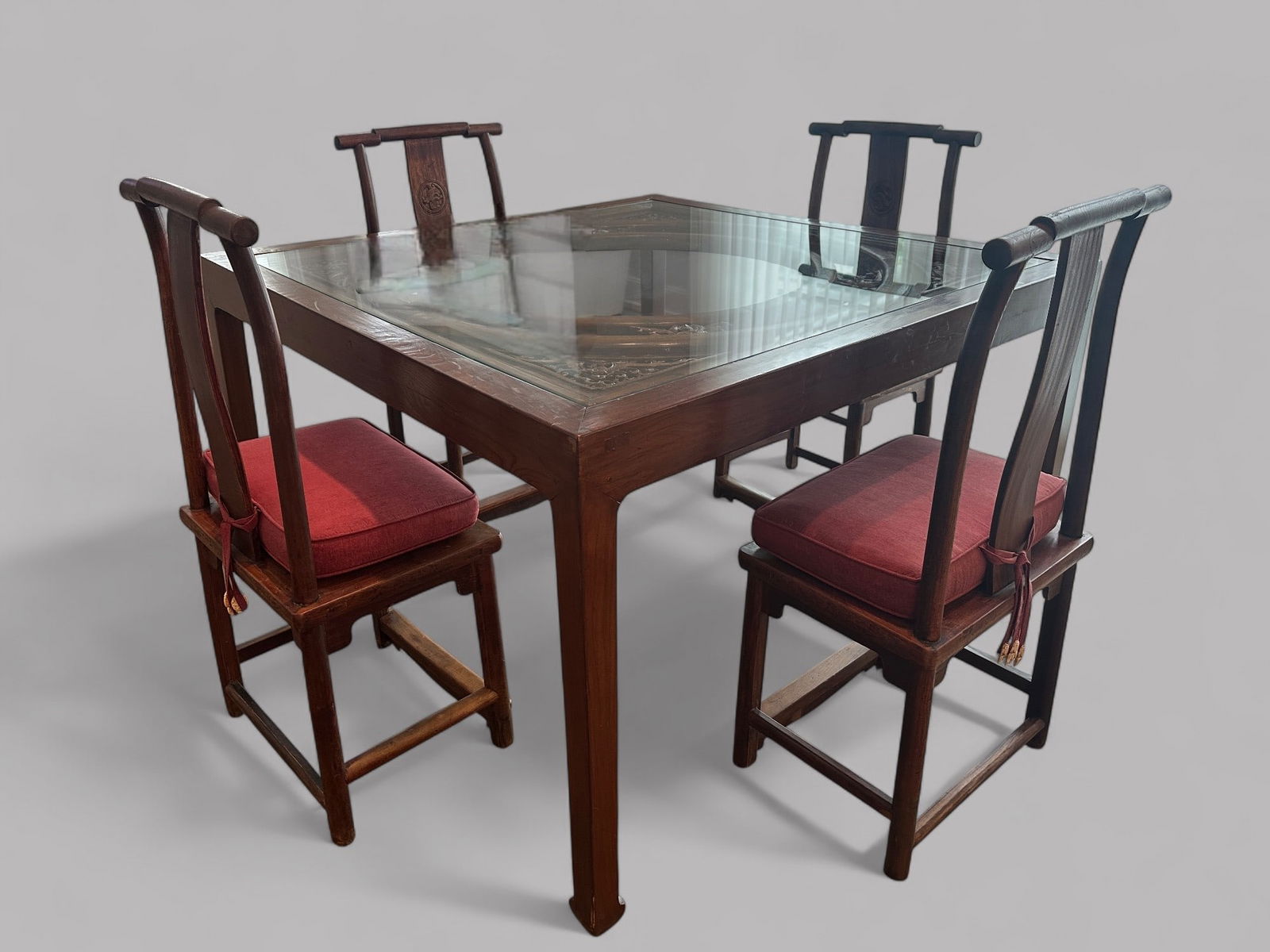 Chinese Rosewood Dining Table And Chairs: table is constructed around a window frame Table: H: 32 x w: 51 1/2 x d: 51 1/2 inches Chairs: H: 40 x w: 19 x d: 14 12/ inches seat height: 18