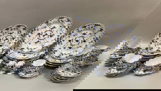 Royal Copenhagen Blue Fluted Full Lace 52 Piece Partial Dinner Service: 6 - 10 inch dinner plates 4 - 9 inch large salad plates6 - 7 7/8 inch salad plates 6 - 5 7/8 inch lattice edge small plates6 - 5 3/4 inch pointed edge small plates6 - 4 inch teacups5 - 5 1/4 inch teac