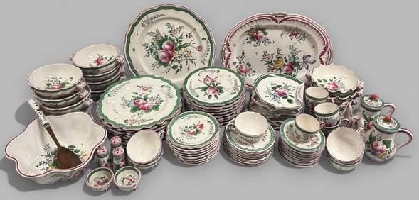 French Faience Floral Rose 84-Piece Partial Dinner Service