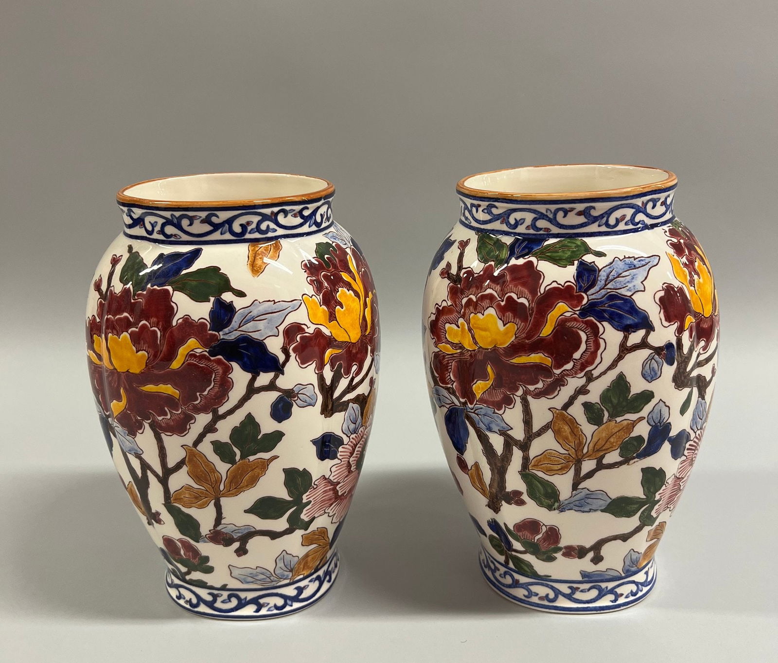 Pair Of Gien Pivoine Peony Faience Vases, France (1 of 4)