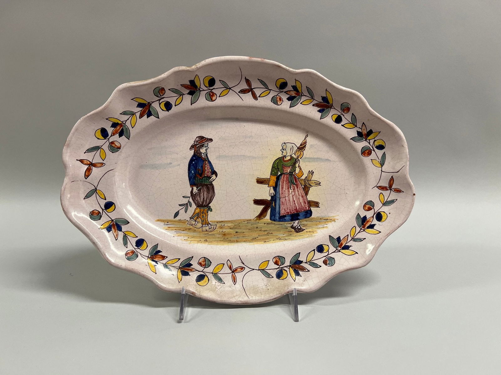Handpainted Faience Oval Platter: H: 11 x w: 15 1/2 inches