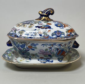 Patent Ironstone China Chinoiserie Bamboo And Basket Sauce Tureen And Underplate, C. 1820s