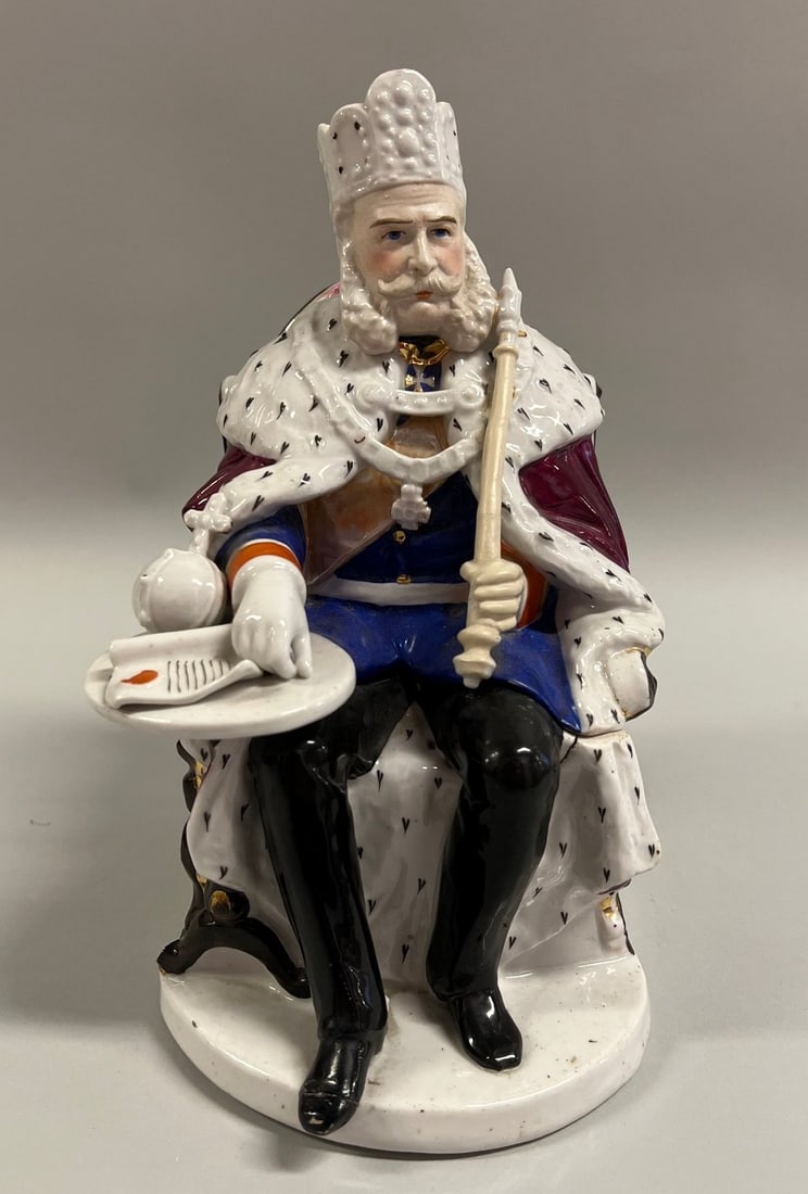 Conta & Boehme Porcelain Kaiser Wilhelm I Tobacco Jar, Late 19th Century: h: 10 x w: 6 x d: 8 inchesCondition: toe of figure was broken and repaired; one small minor chip one small minor crack