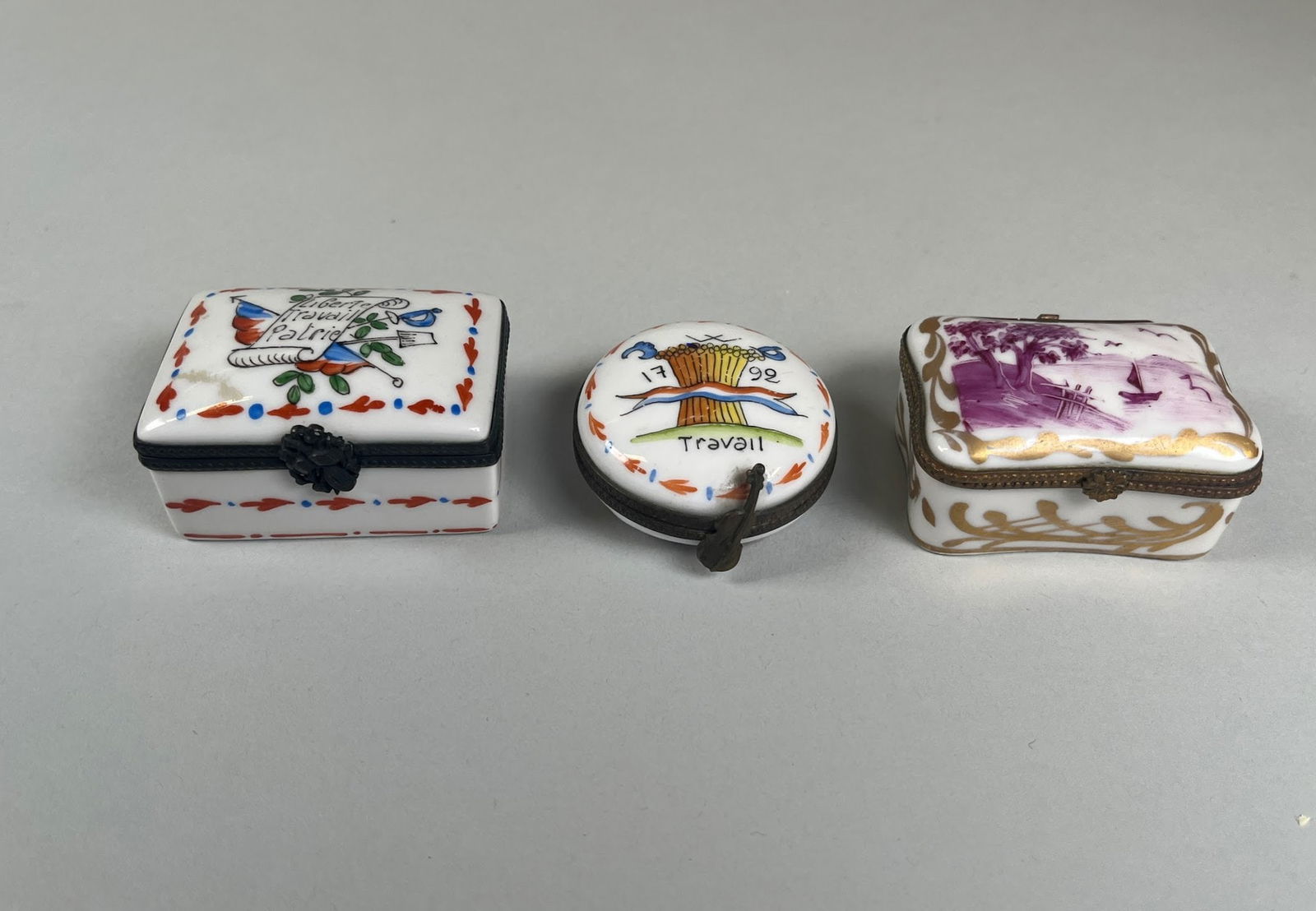 Collection Of Three Vintage Limoges Trinket Boxes: h: 1 1/2 x w: 2 1/4 x d: 1 1/2 inches (largest)