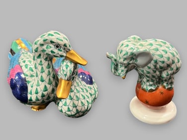 Herend Green Fishnet Miniature Animal Figurines (2)