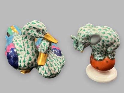 Herend Green Fishnet Miniature Animal Figurines (2): Ducks: h: 3 x w: 4 1/2 x d: 3 1/4 inches; Elephant: h: 2 1/2 inches