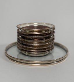 Group Of Eight Matched Sterling Silver Coasters Together With Gorham Sterling And Cut Glass Wine