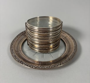 Set Of 8 Sterling Silver And Cut Glass Coasters Together With A Sterling And Cut Glass Wine Coaster