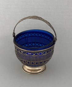 Sterling Silver And Cobalt Glass Sugar Basket, Late 19th-Early 20th Century