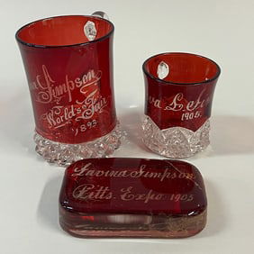 Collection Of Ruby Glass World's Fair Souvenirs: Two Mugs & One Paperweight, 1893, 1905