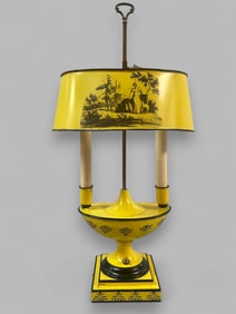 Vintage French Yellow Painted Hand-Stenciled Toile Table Lamp, 1930-1940