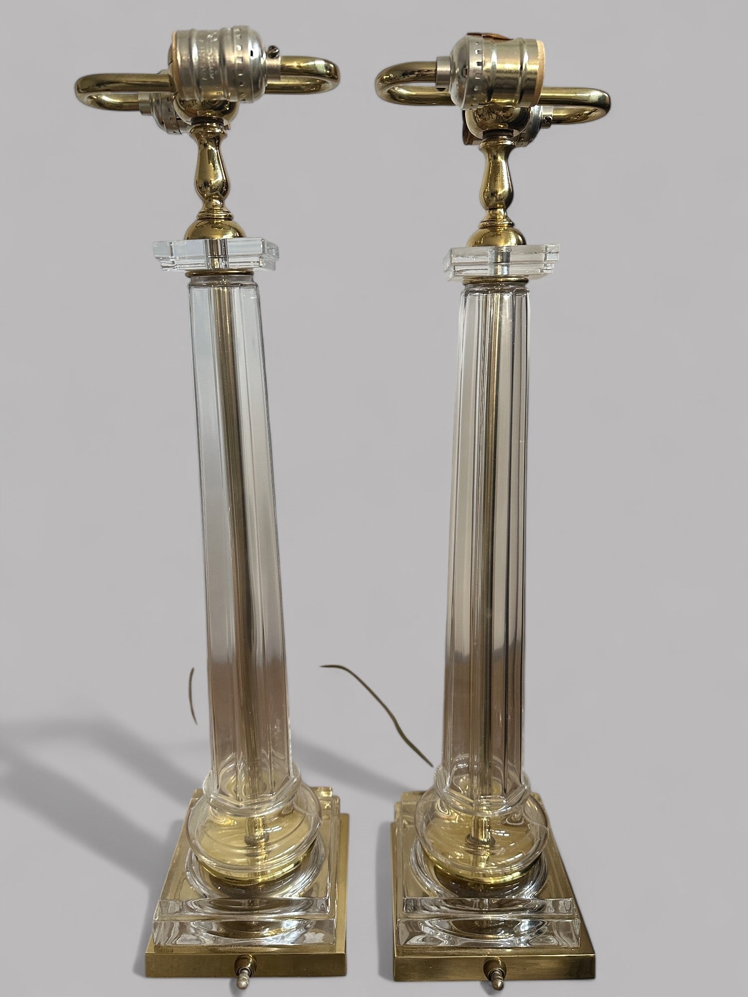 Pair Of Glass Columnar Lamps: H (to socket): 23 x w (at base): 5 inches