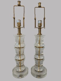 Pair Of Bamboo Style Lucite And Glass Table Lamps, probably Ralph Lauren