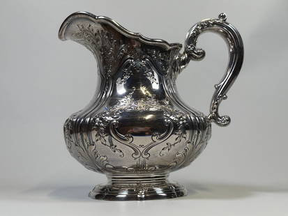 Grogan Company Large Sterling Silver Water Pitcher, C. 1900: Hallmarked monogrammed and dated underneath H: 9 3/8 x w: 9 3/4 x d: 7 inches OZT: 1.17
