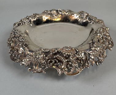 Sterling Silver Repousee Fruit Serving Bowl: Stamped on underside: Sterling H: 2 x w: 8 x d: 8 inches OZT: 9.45