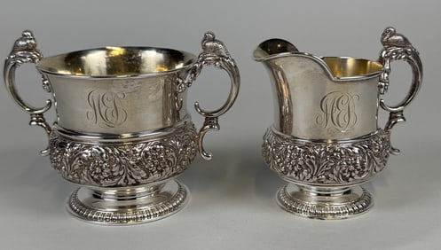 Tiffany & Co Sterling Silver Sugar Bowl And Creamer With Bird Decoration Monogrammed Set, C.