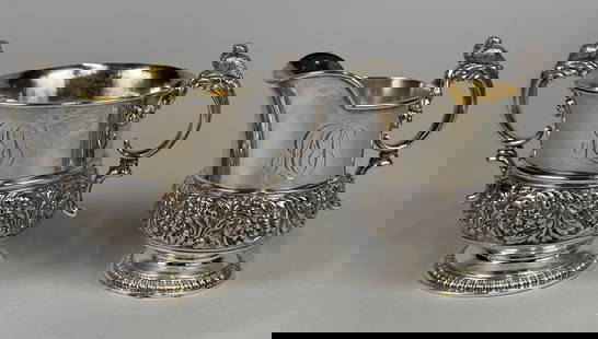 Tiffany & Co Sterling Silver Sugar Bowl And Creamer With Bird Decoration Monogrammed Set, C.: Stamped and numbered at underside Sugar - H: 3 3/4 x w: 5 x d: 3 1/2 inches; Creamer - H: 3 3/4 x w: 3 3/4 x d: 2 1/2 inches OZT: 13.3104 (total weight)