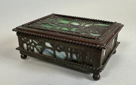 Tiffany Studios Grapevine Bronze And Green Slag Glass 4 1/2 Hinged Box