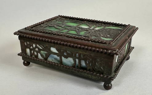 Tiffany Studios Grapevine Bronze And Green Slag Glass 4 1/2 Hinged Box: stamped Tiffany Studios/New York at underside edge H: 2 x w: 4 1/2 x d: 3 1/4 inches