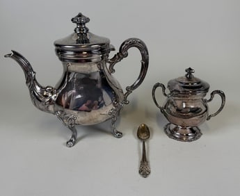 Peruvian Sterling Silver Teapot And Covered Sugar Bowl Together With A Wallace Sterling Silver Spoon