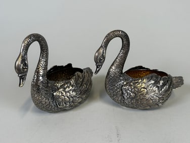 Pair Of Sterling Silver Swan Form Table Ornaments With Articulating Wings