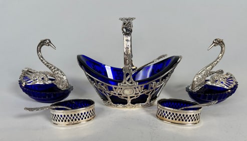 Collection Of Sterling Silver And Cobalt Glass Salt Cellars And Spoons