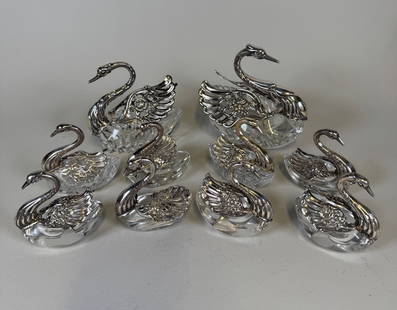 Set Of Sterling Silver And Glass Salt And Pepper Cellars With Articulating Wings, Germany (10): Stamped at lower neck of swans eight individual cellars: H: 3 inches; two master cellars the larger: H: 4 3/4 x w: 5 3/4 x d: 3 inches