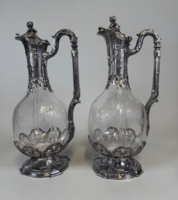 Pair Of Silver Mounted Claret Jugs, Late 19th C.