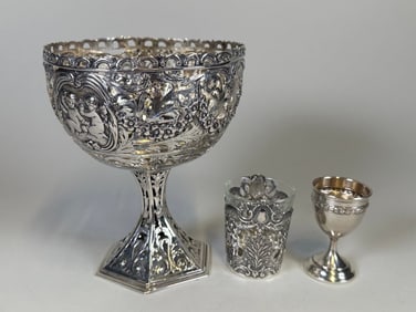 Group Of Continental .800 Silver Pierced Cups And A Repousse Beaker With Glass Liner