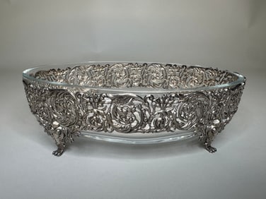 Repousee Silver Mounted Footed Glass Bowl In Pierced Scrolling Liner
