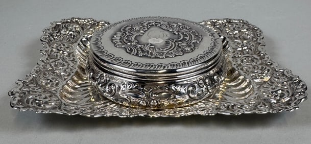 American Sterling Silver Repousse Tray And Powder Case, C. 1900
