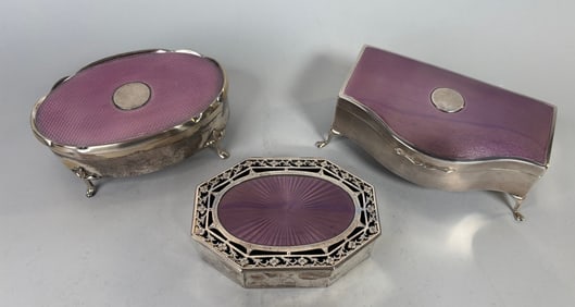 Collection Of Rose Guilloche Enamel And Sterling Silver Small Trinket Boxes