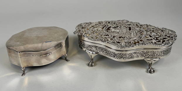 William Comyn's Sterling Footed Boxes: One Potpourri Box, One Jewelry Box: Potpourri - hallmarked WC/lion passant/h; repoussée decorative elements overall H: 2 1/8 x w: 7 1/2 x d: 4 1/2 inches; Jewelry box - hallmarked S & Co/anchor/lion passant/W with leather-backed velvet